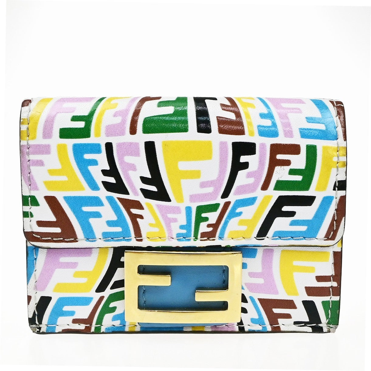 FENDI Logo FF Vertigo Baguette Trifold Compact Wallet Leather Multicolor 61YJ250