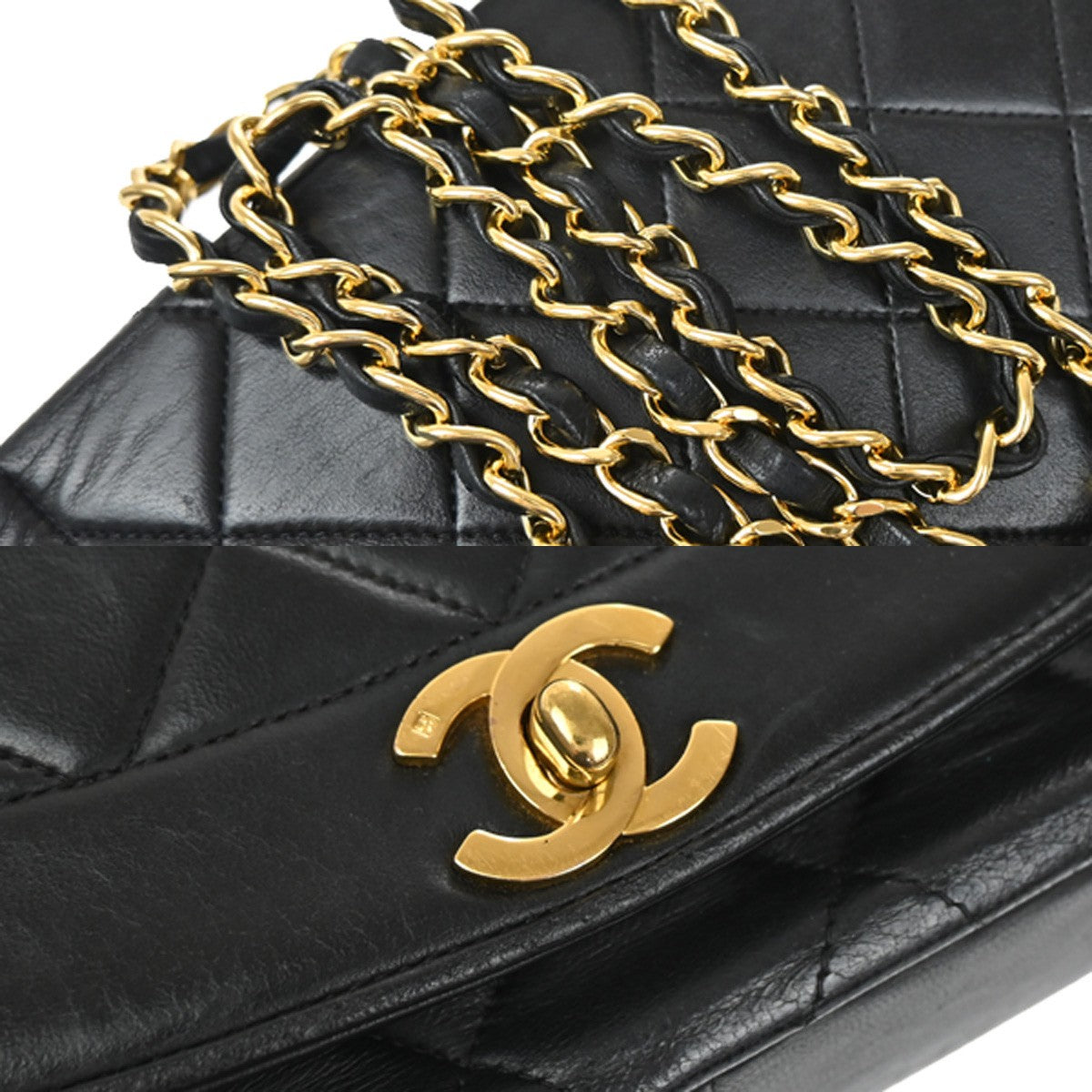 CHANEL CC Logo Diana Matelasse 25 Chain Shoulder Bag Leather Black GHW 373RL388