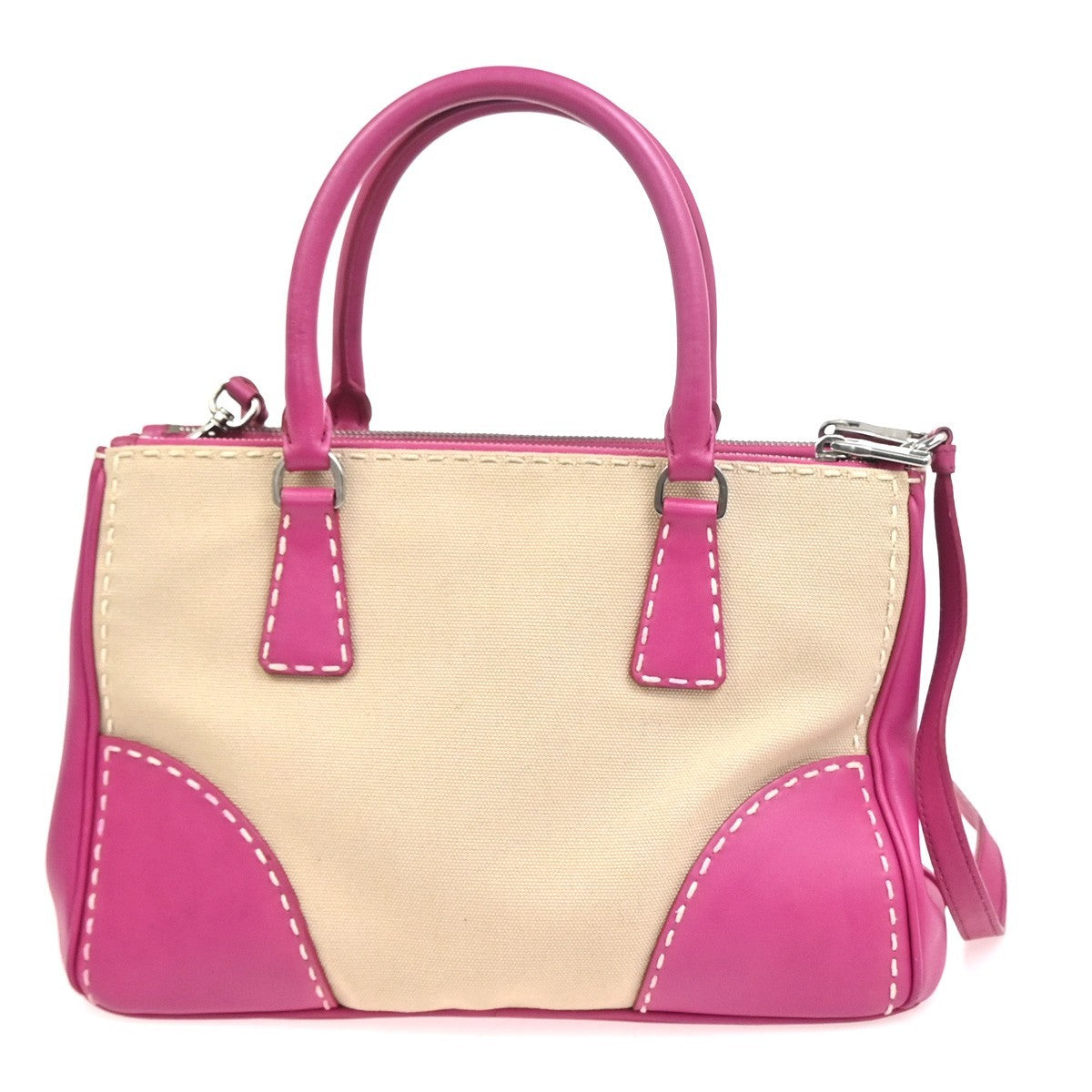 PRADA Logo Canapa City 2Way Shoulder Hand Bag Canvas Leather Pink BE SHW 98ZA359