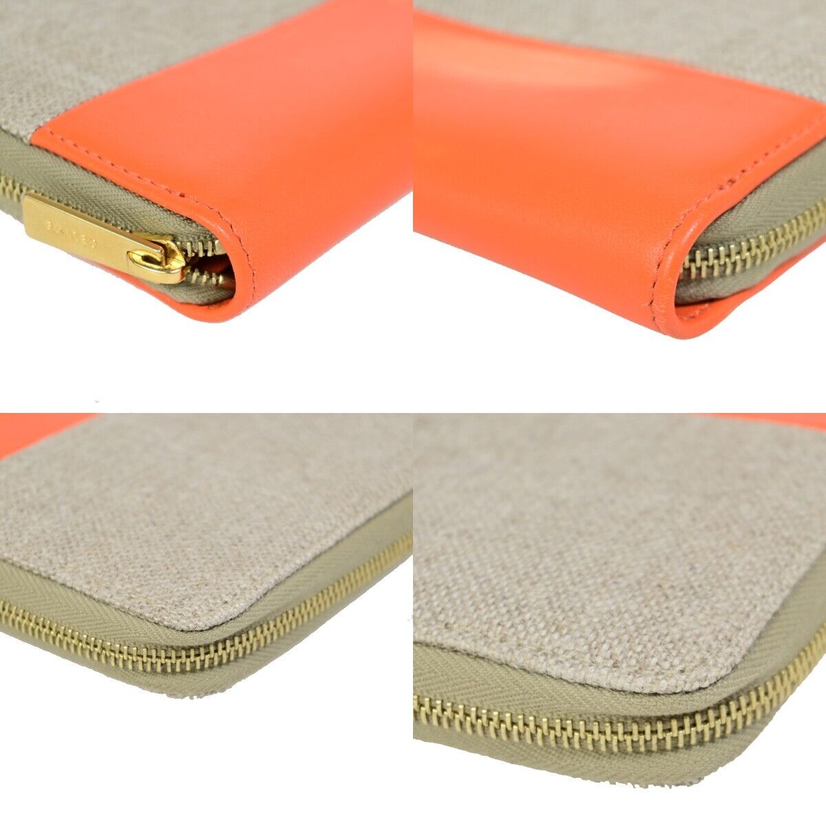 CELINE Logo Bicolor Round Zipper Long Wallet Canvas Leather Beige Orange 09KA373