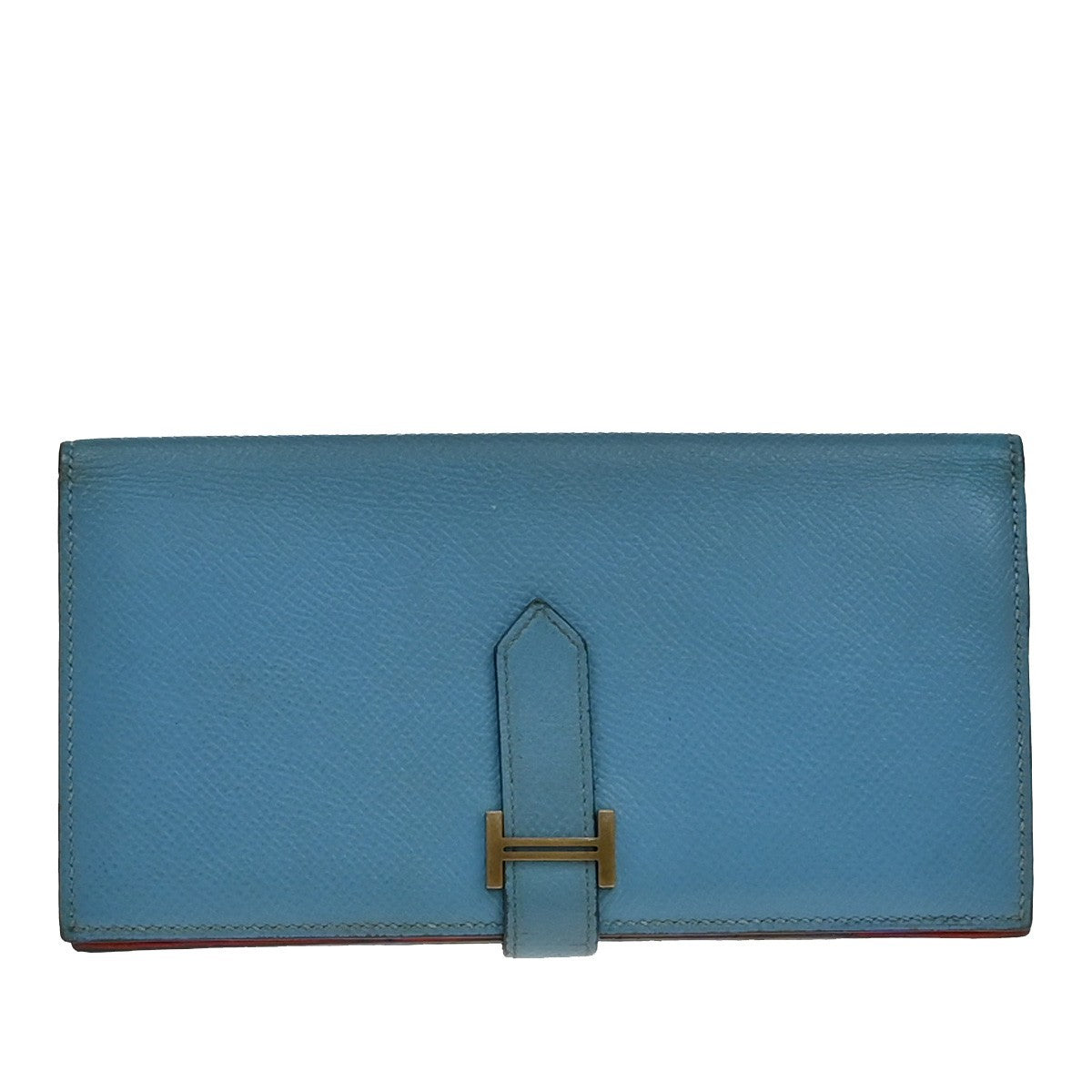 HERMES H Logo Bearn Long Bifold Wallet Leather Blue Red GHW France 32EF997
