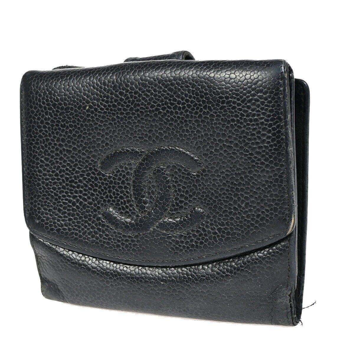 CHANEL CC Logo Bifold Wallet Purse Caviar Skin Leather Black GHW France 01YE954