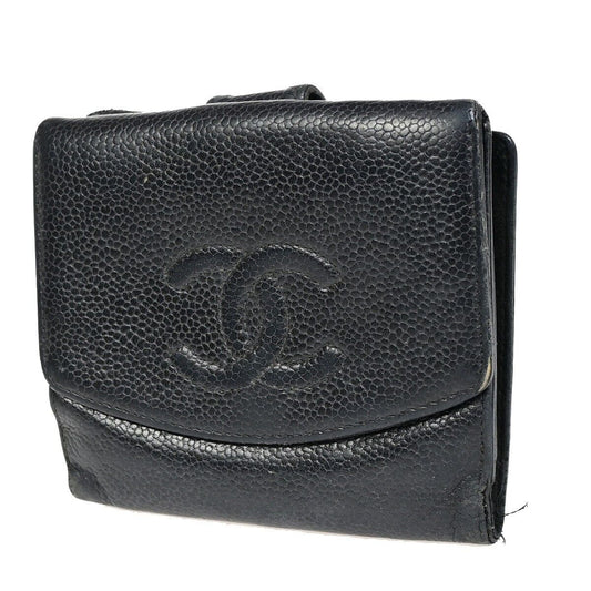 CHANEL CC Logo Bifold Wallet Purse Caviar Skin Leather Black GHW France 01YE954