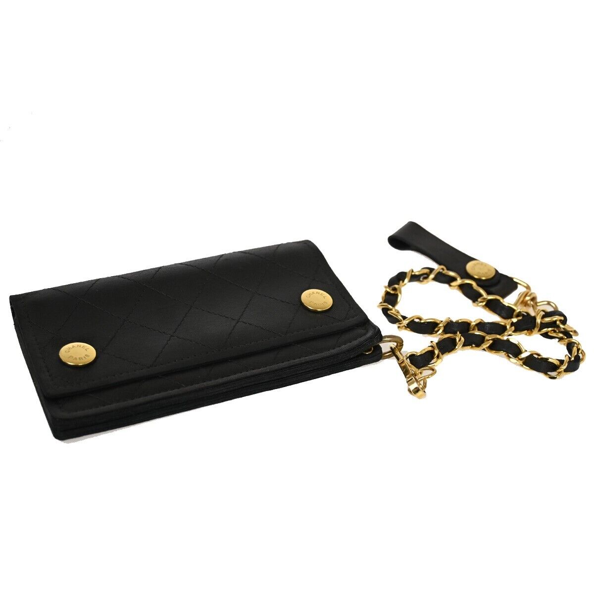 CHANEL CC Logo chain Matelasse Bifold Wallet Purse Leather Black France 79RF104