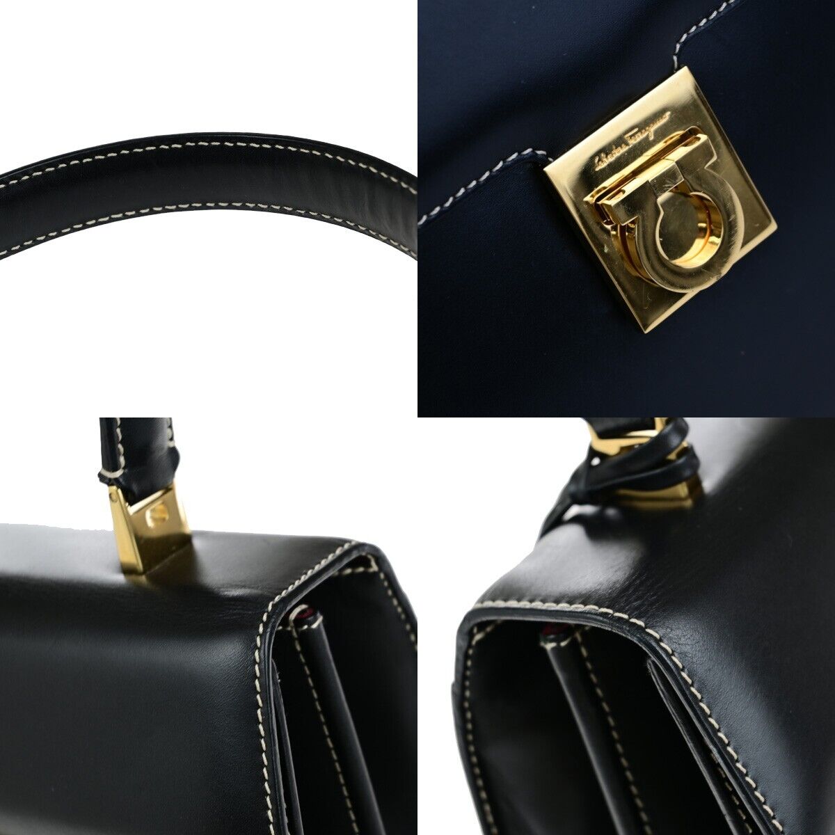 SALVATORE FERRAGAMO Gancini Top Handle Hand Bag Leather Black GHW Italy 35ED328