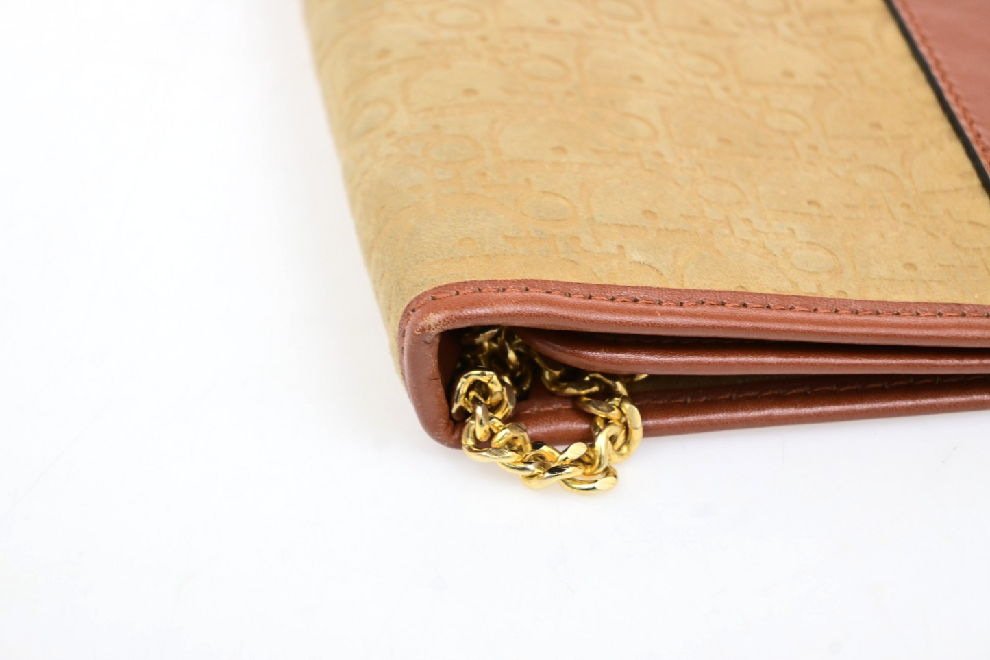 CHRISTIAN DIOR Trotter Chain Shoulder Clutch Bag Suede Leather Beige GHW 69TA411