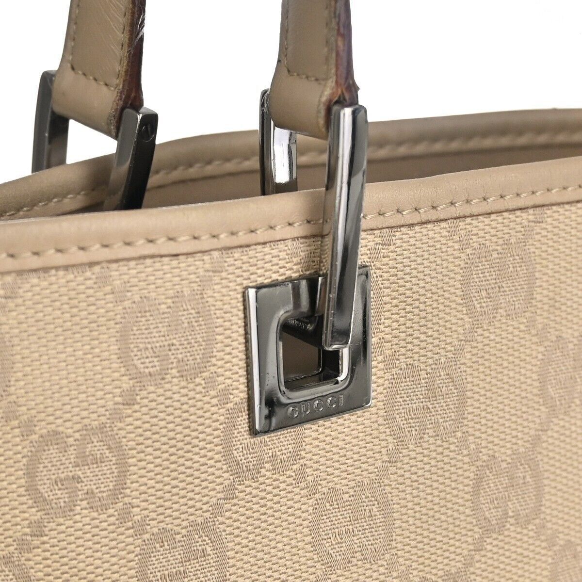 GUCCI Logo GG Pattern Tote Shoulder Bag Canvas Leather Beige SV Italy 08GA225