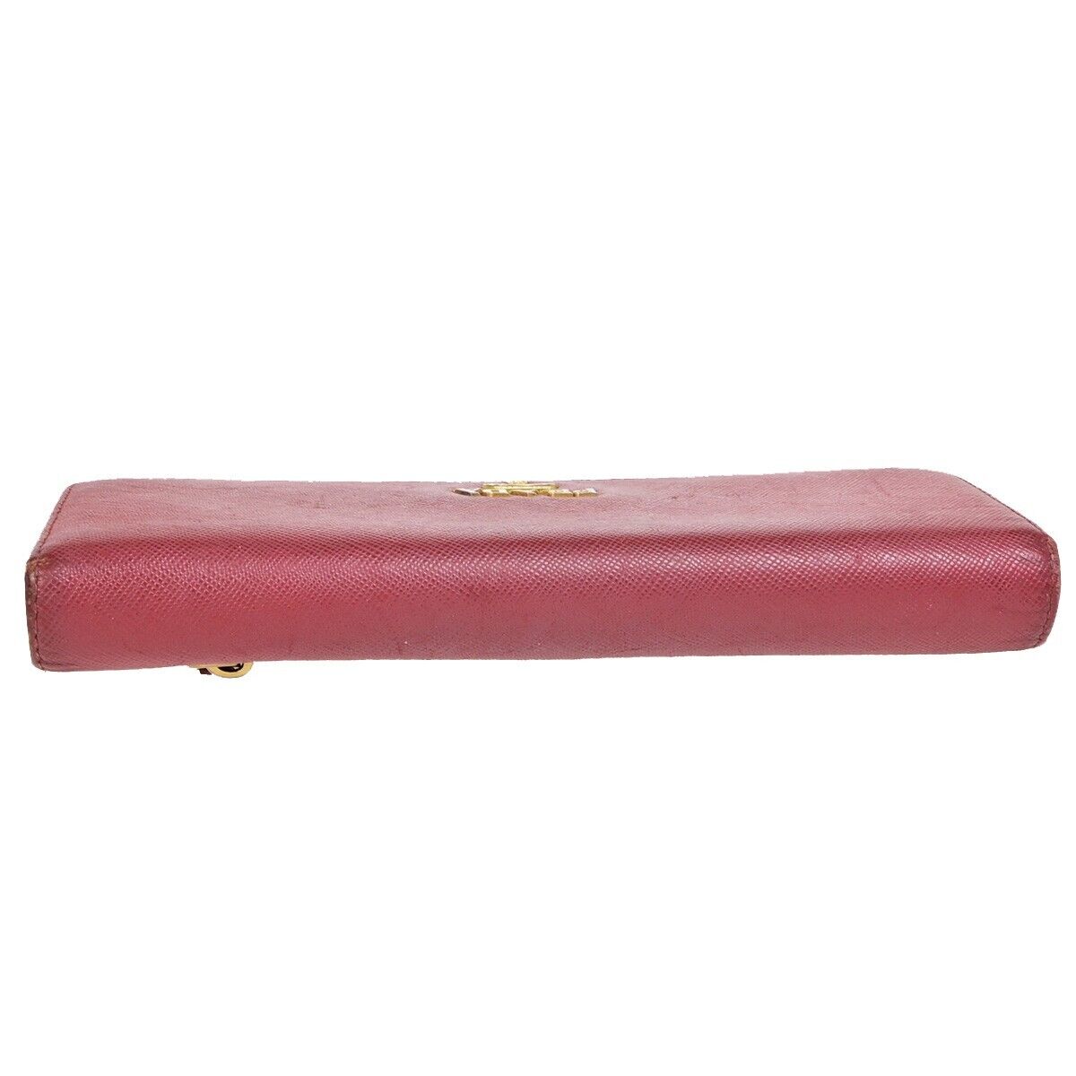 PRADA Logo Bifold Long Zipper Bifold Wallet Saffiano Leather Red Gold 03EB369