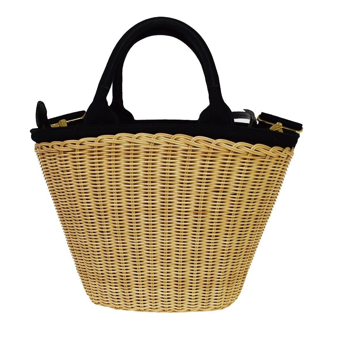 PRADA Logo Midollino Wicker 2Way Shoulder Hand Bag Canvas Leather Black 631RH131