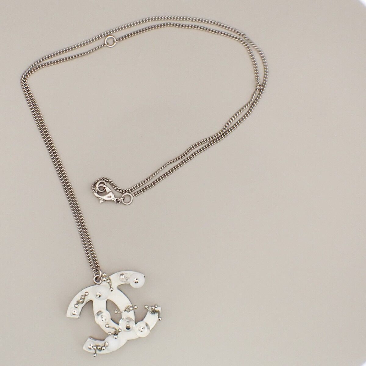 CHANEL CC Logo Chain Necklace B10A Pendant Plastic Silver Accessory 84KA430