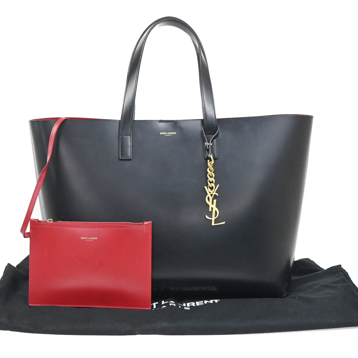 SAINT LAURENT  Shoulder Hand Tote Bag Pouch Leather Black GHW Italy 95RL924