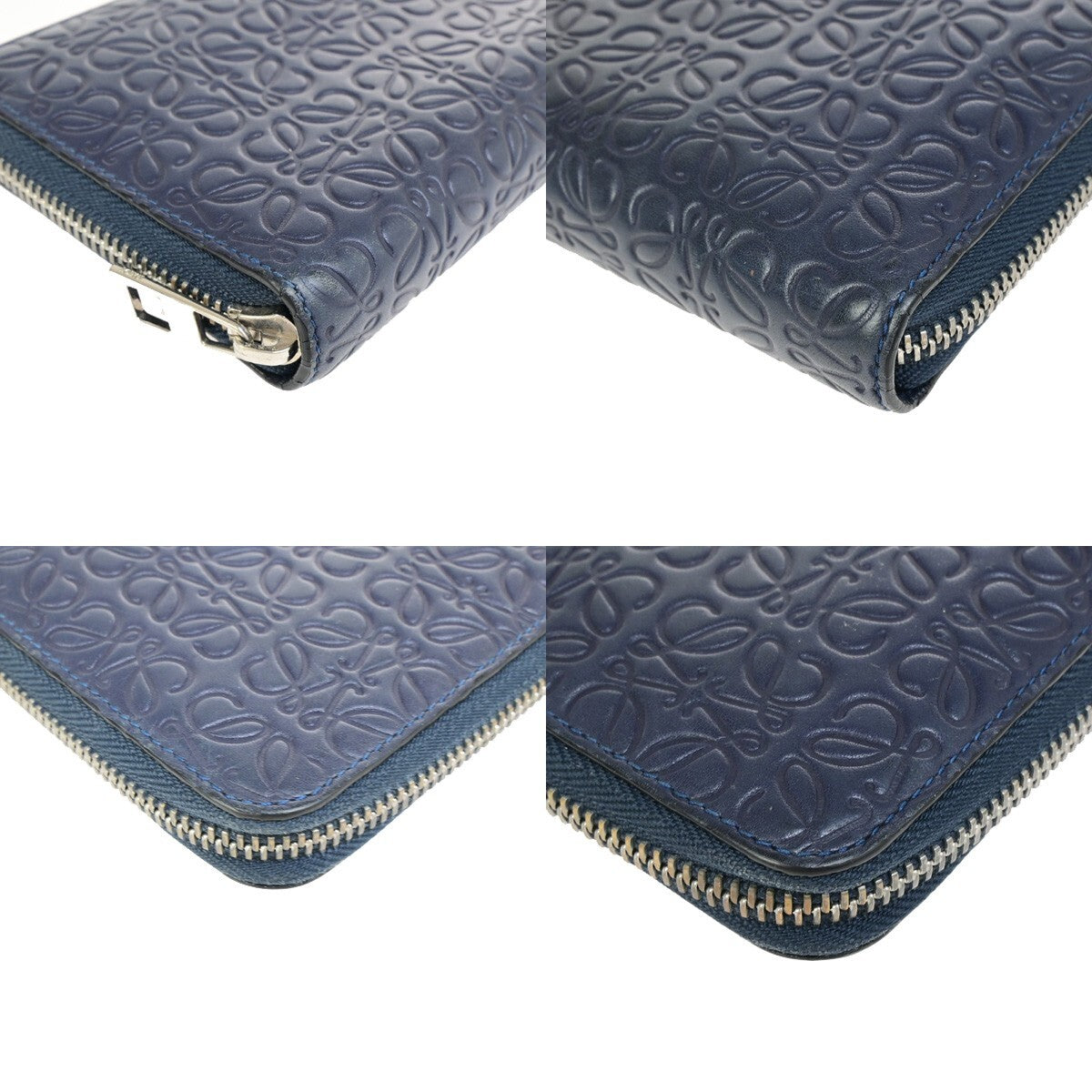 LOEWE Logo Anagram Repeat Long Zipper Wallet Embossing Leather Navy Blue 67KB395