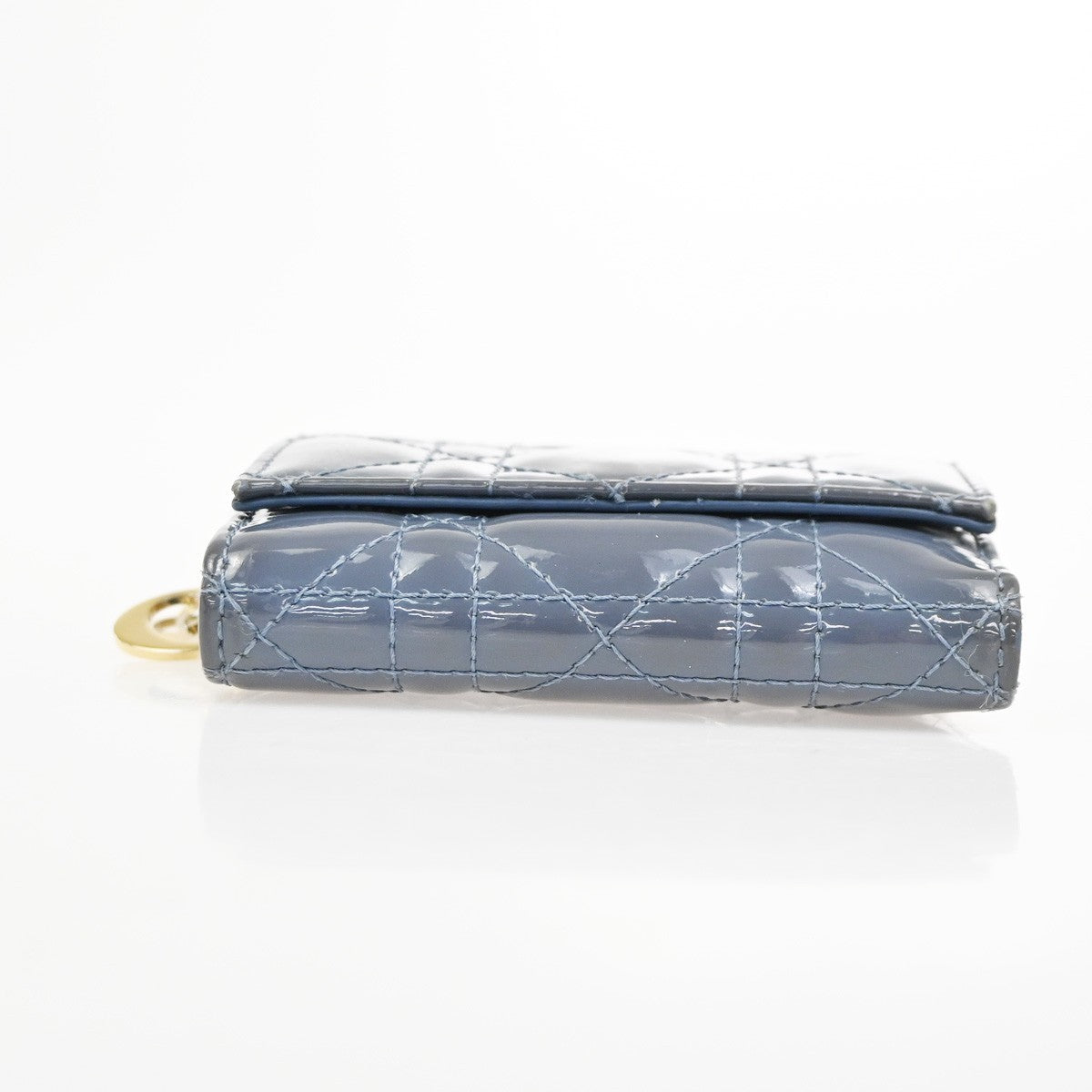 CHRISTIAN DIOR Cannage Mini Lady Dior Wallet Patent Leather Blue GHW 02KD081