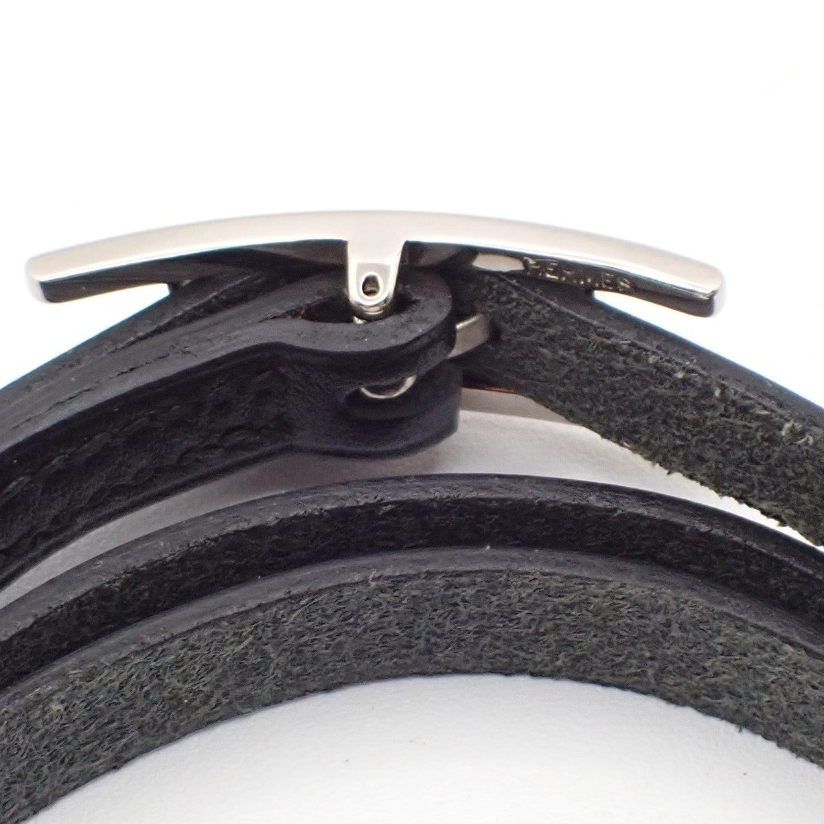 HERMES Api 3 Triple Tour Long Bracelet SHW Leather Sliver Black 67RF760