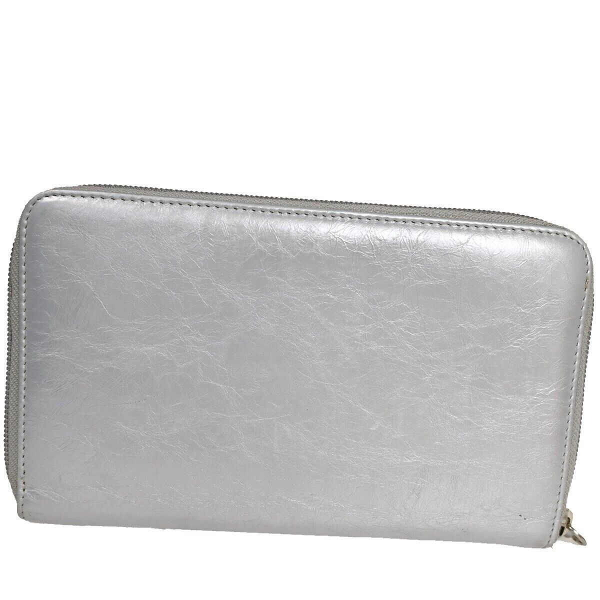 CHANEL CC Ribbon Around Zipper Bifold Wallet Purse Leather Silver SHW 60YD723