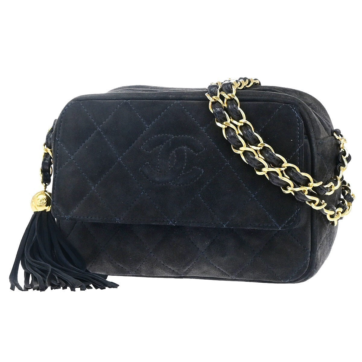 CHANEL CC Logo Mini Matelasse Shoulder Bag Suede Leather Navy Blue Gold 678RK542