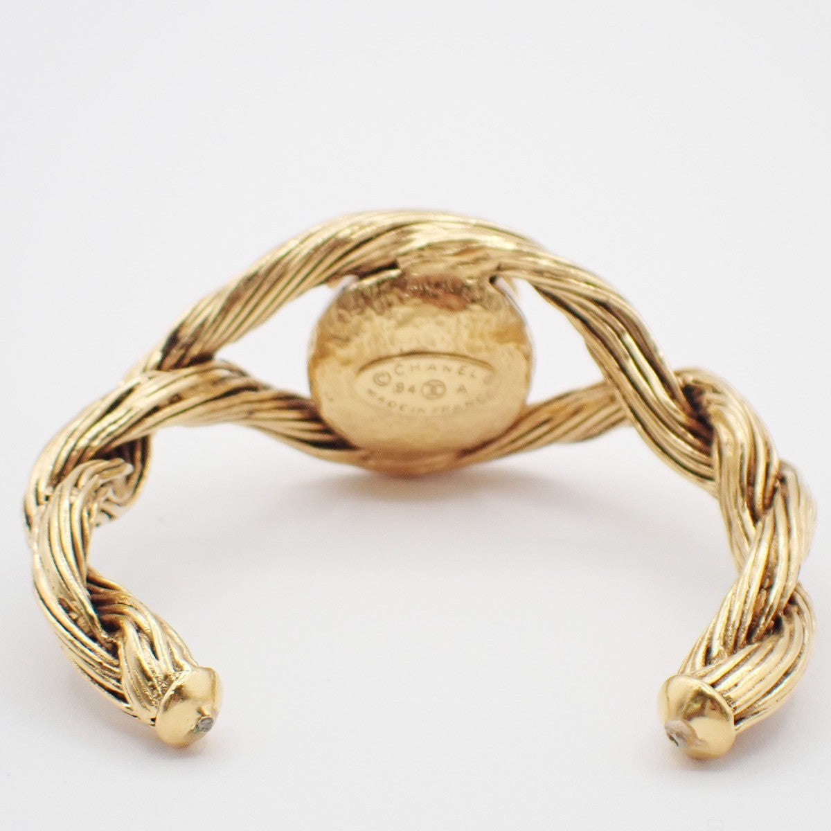 CHANEL CC Logo Imitation Pearl Bangle Bracelet Gold White 94A GHW France 38RL858