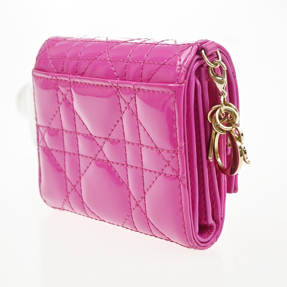 CHRISTIAN DIOR Lotus Cannage Compact Trifold Wallet Patent Leather Pink 30YJ112