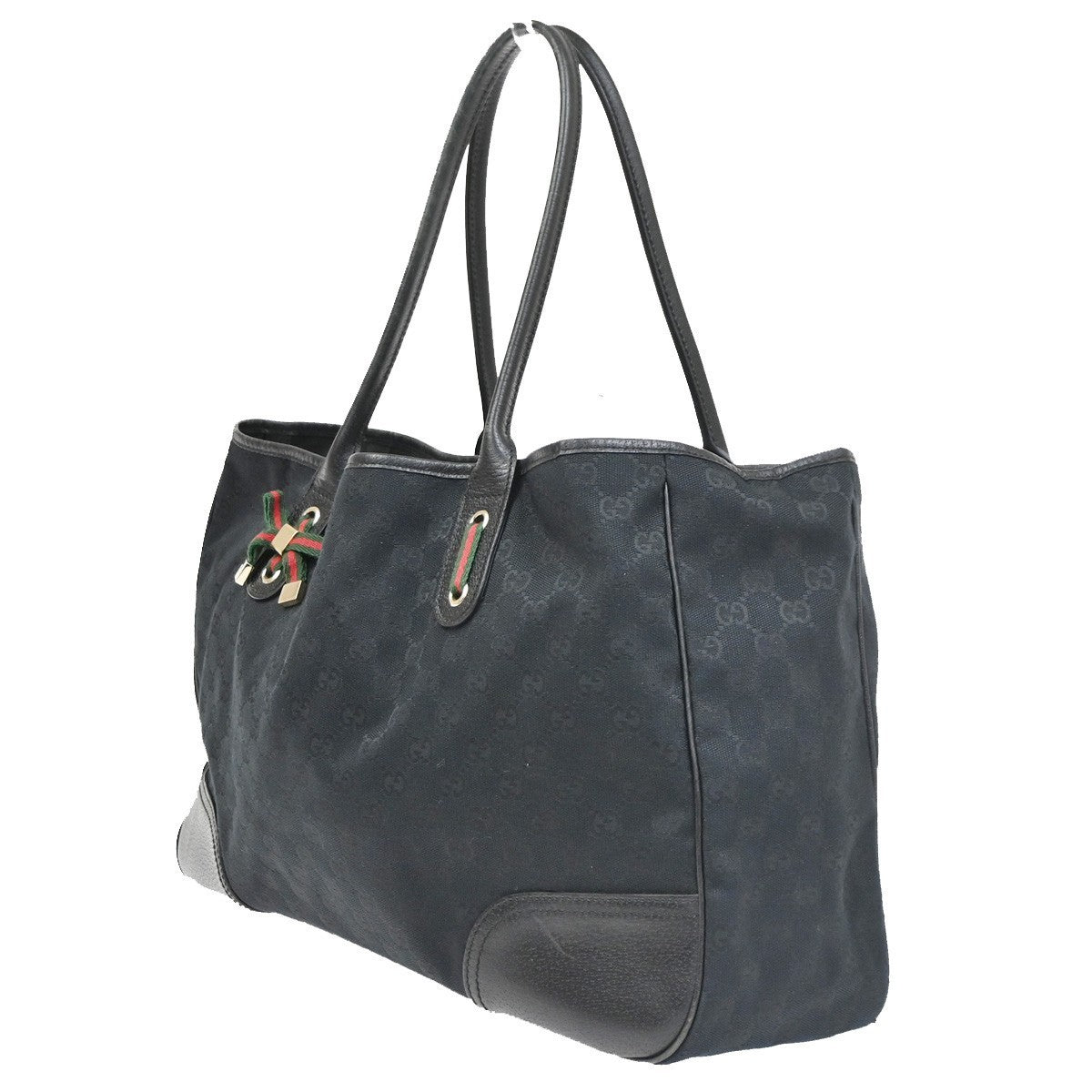 GUCCI GG Sherry Web Bow Shoulder Tote Bag Leather Canvas Black 72CB029