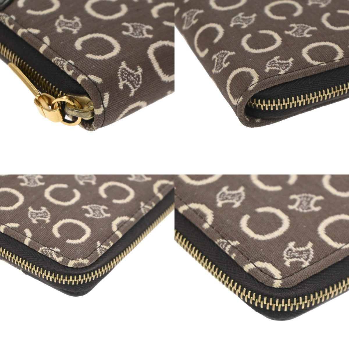 CELINE Logo Macadam Pattern Mini Zipper Wallet Canvas Leather Brown GHW 68TA454