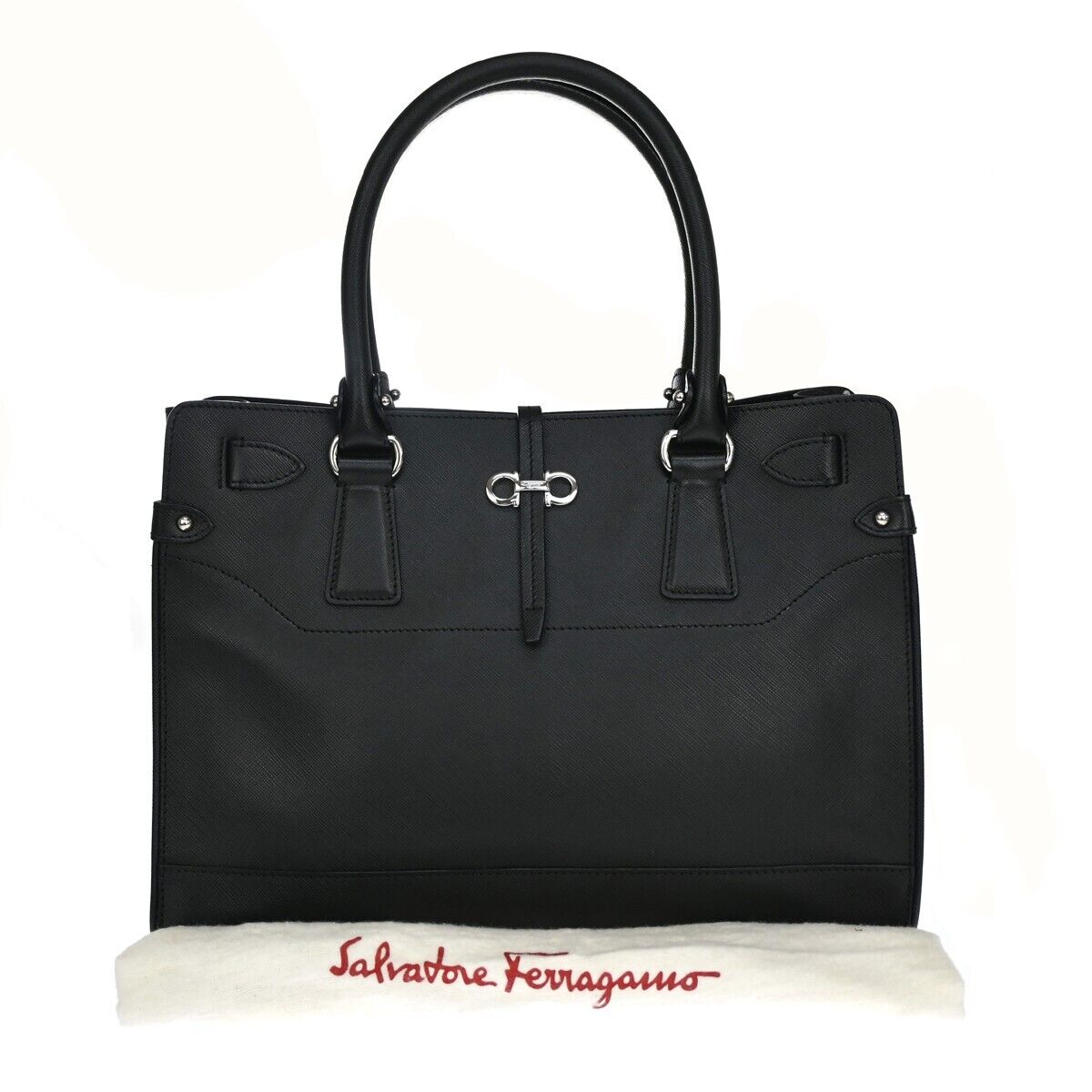 SALVATORE FERRAGAMO Gancini Hand Bag Leather Black Silver Made in Italy 61HB058