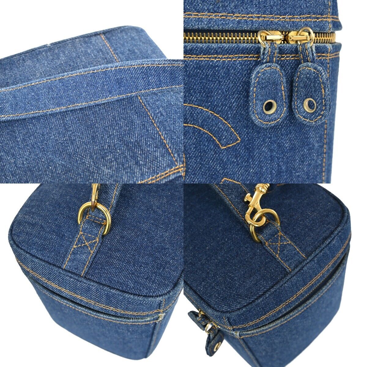 CHANEL CC Logo 2Way Shoulder Hand Vanity Bag Denim Leather Blue Vintage 744RH823