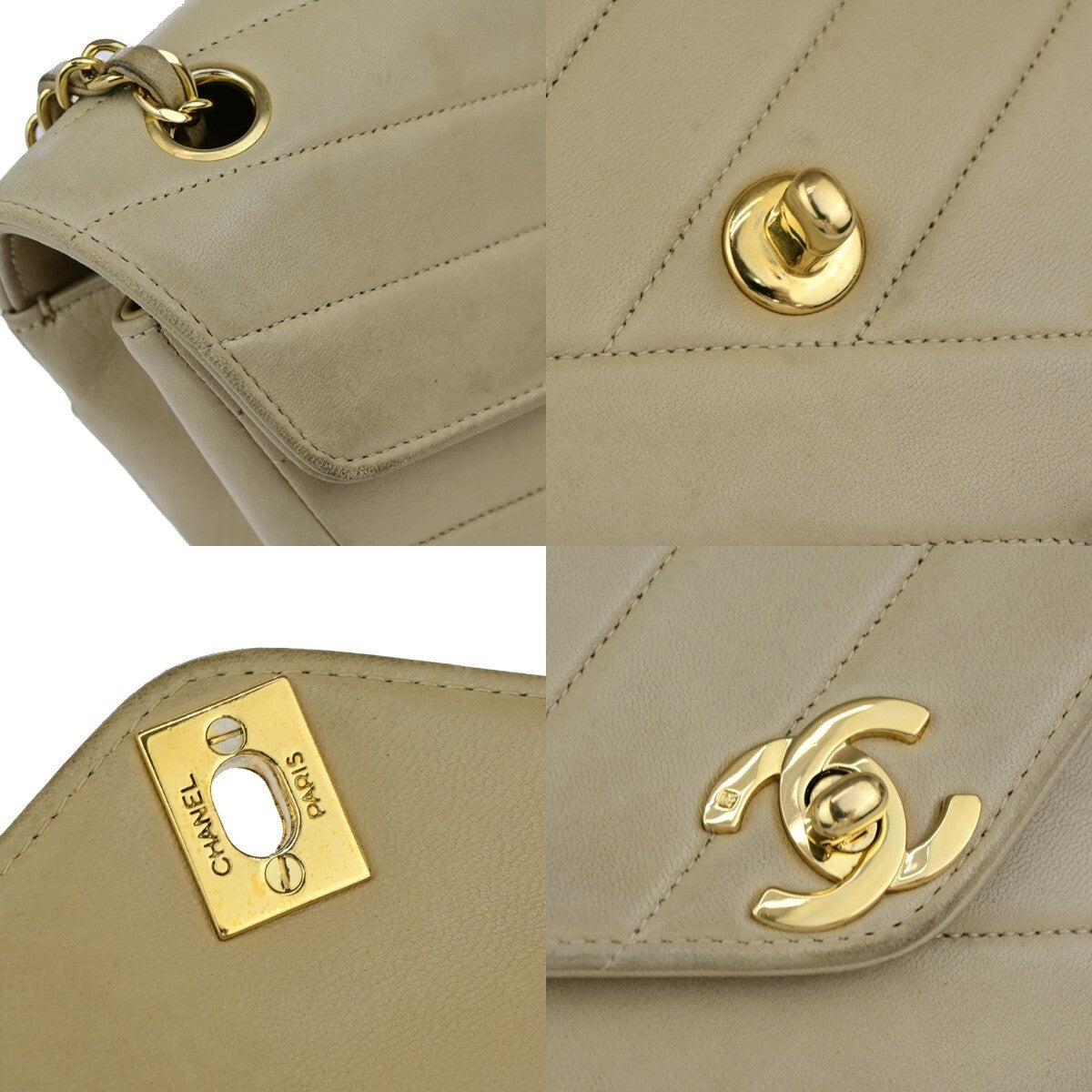CHANEL CC Logo Bias Stitch Chain Shoulder Bag Leather Beige GHW France 617RK443