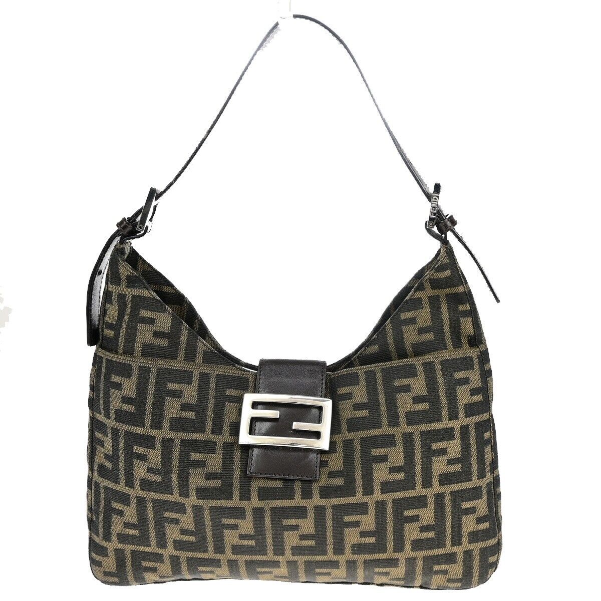 FENDI Logo Mamma Zucca Pattern Shoulder Bag Canvas Leather Brown Italy 93EB981