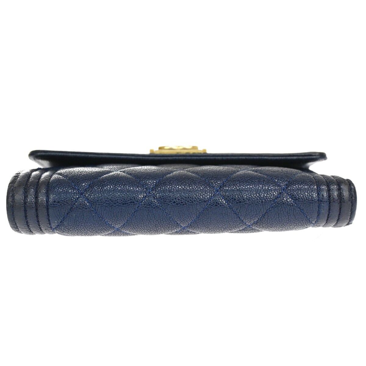 CHANEL CC Chanel boy Trifold Wallet Purse Caviar Skin Leather Navy Blue 34HB611