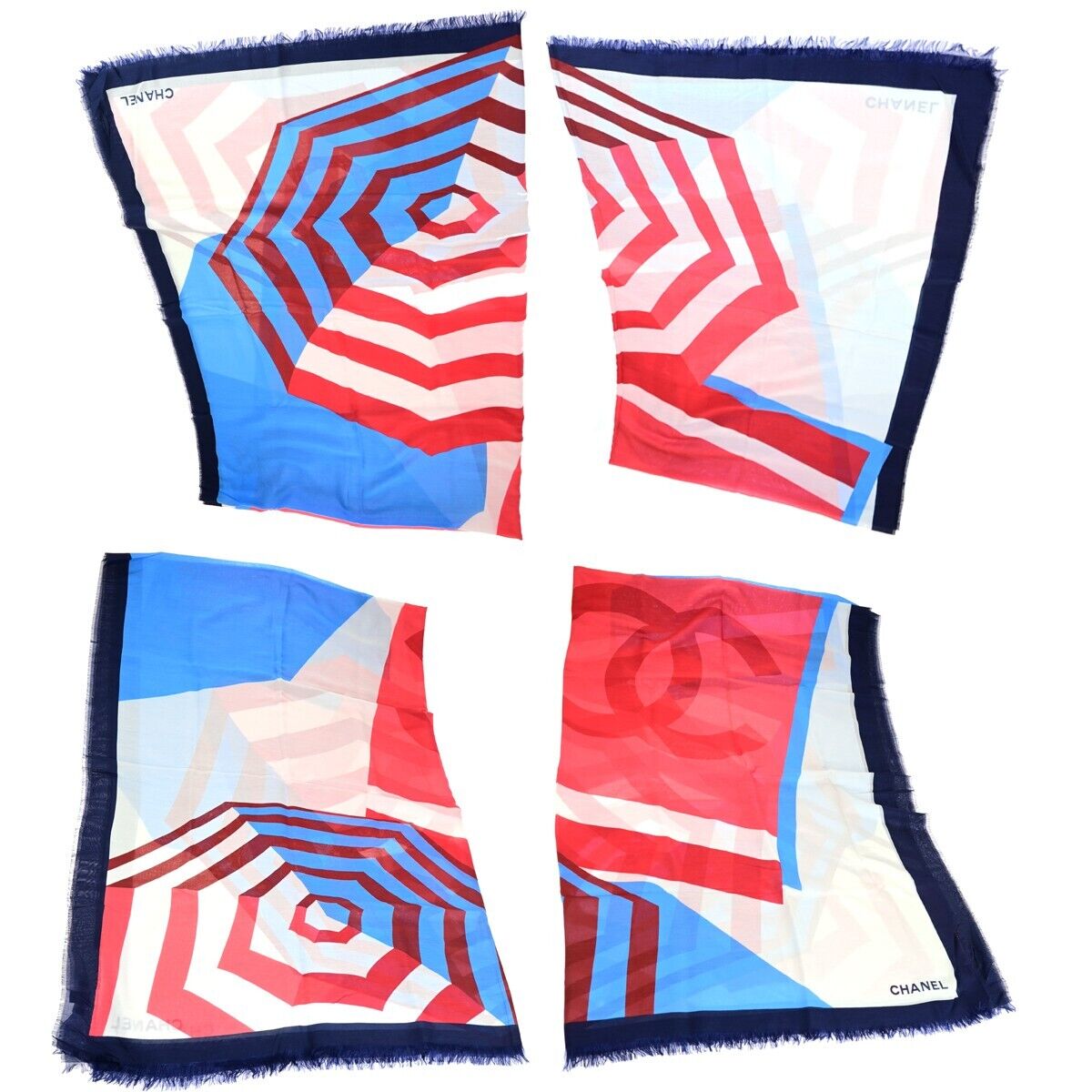 CHANEL CC Logo XL Scarf Cotton Silk Navy Blue Red Made In Italy 68KA319