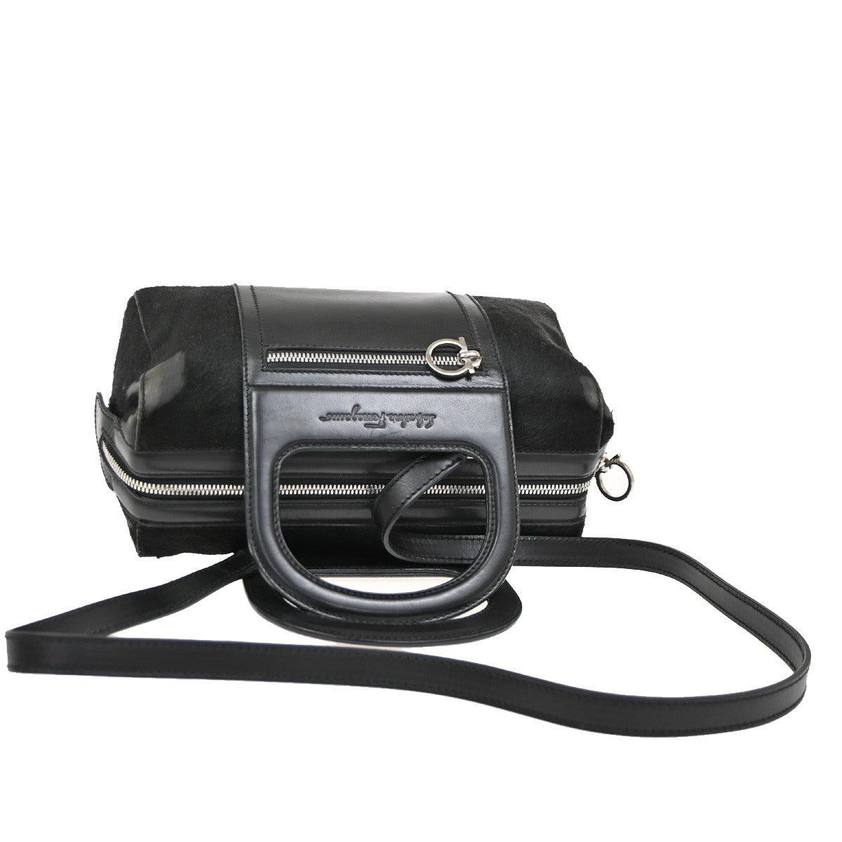 SALVATORE FERRAGAMO Gancini 2Way Shoulder Handbag Fur Leather Black 05DA245