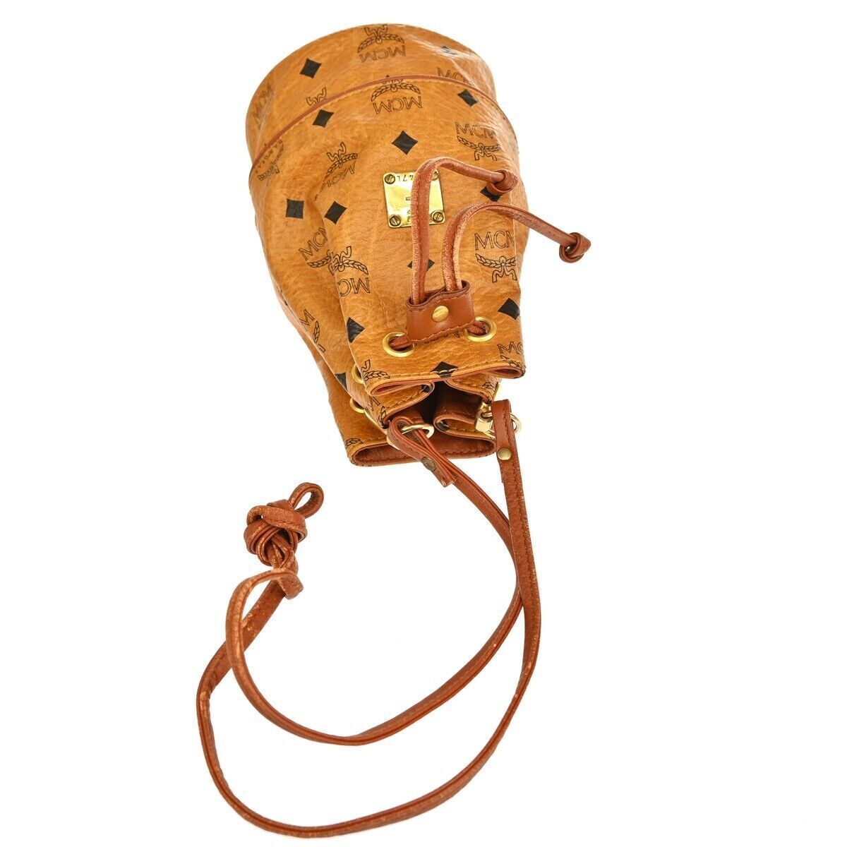 MCM Drawstring Shoulder Bag Leather Brown Gold Plated Made In Germany 68GA036