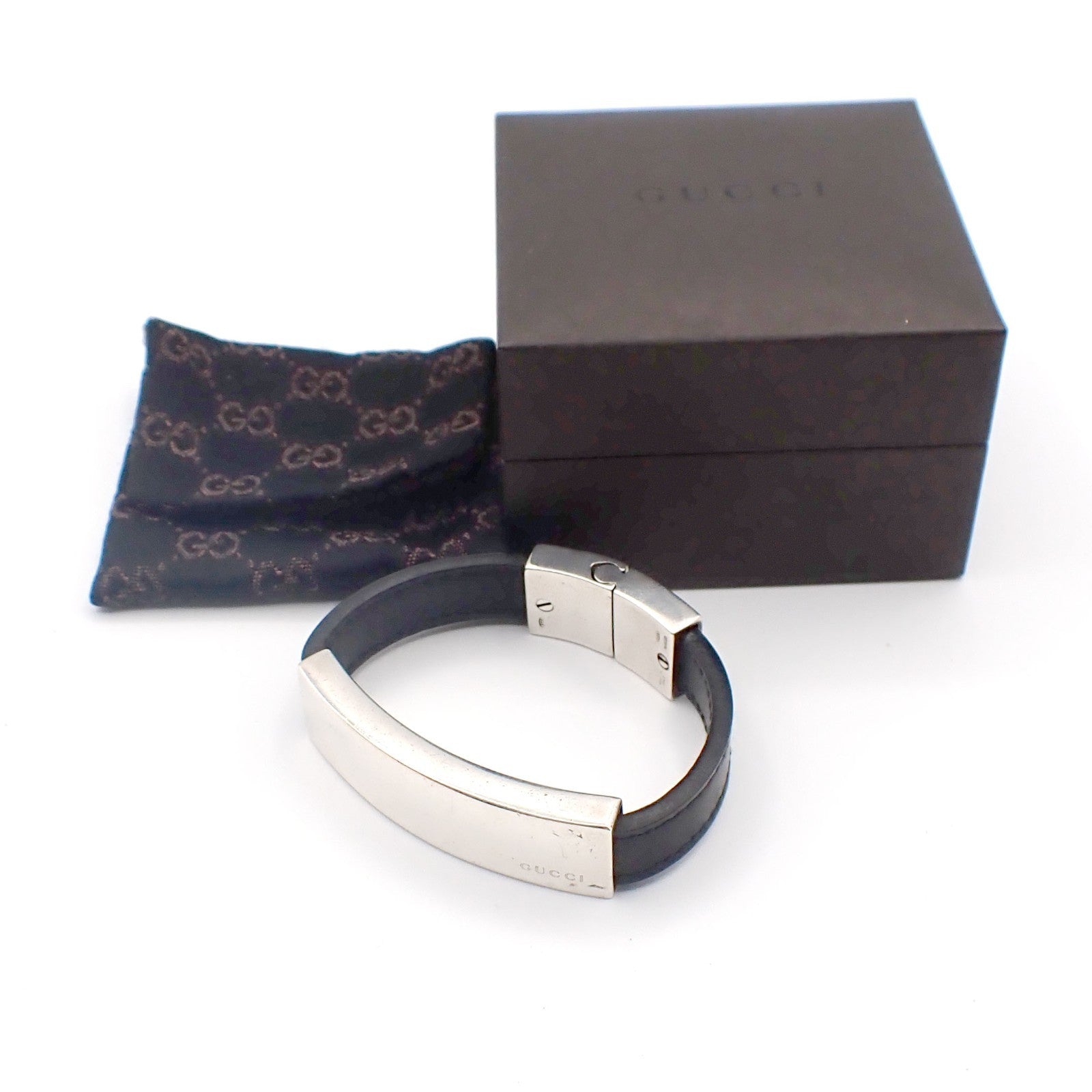 GUCCI Logo Bar Bracelet Bangle Leather Metal Black Silver925 Italy 01CA779