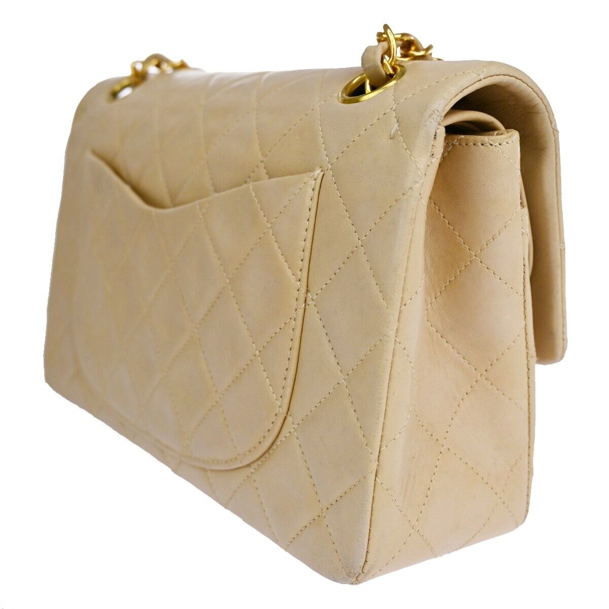 CHANEL CC Matelasse 23 Double Flap Chain Shoulder Bag Leather Beige GHW 708RJ451