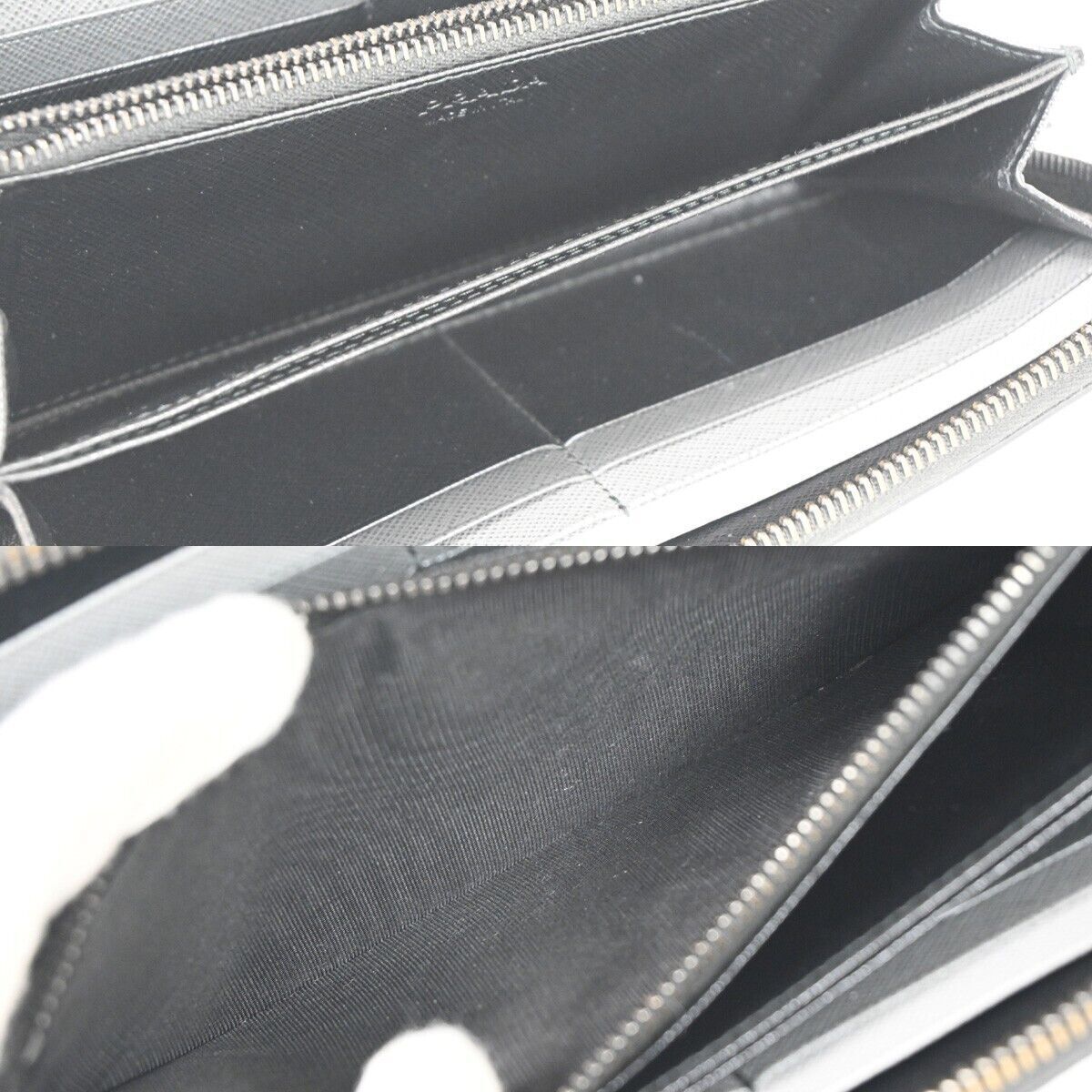 PRADA Logo Saffiano Long Bifold Wallet Purse Leather Black Silver Italy 87RH021