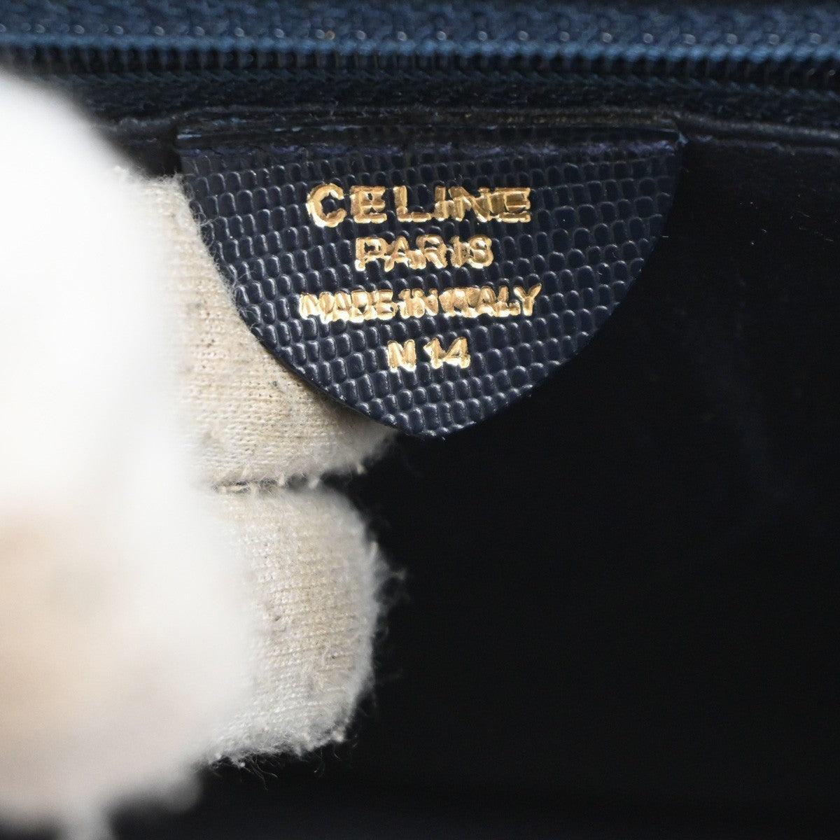 CELINE Circle Logo Tote Hand Bag Embossing Leather Navy Blue GHW 62KC507