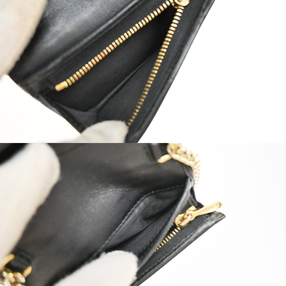 GUCCI GG Logo Zumi Chain Compact Wallet Leather Black Beige 60EG391