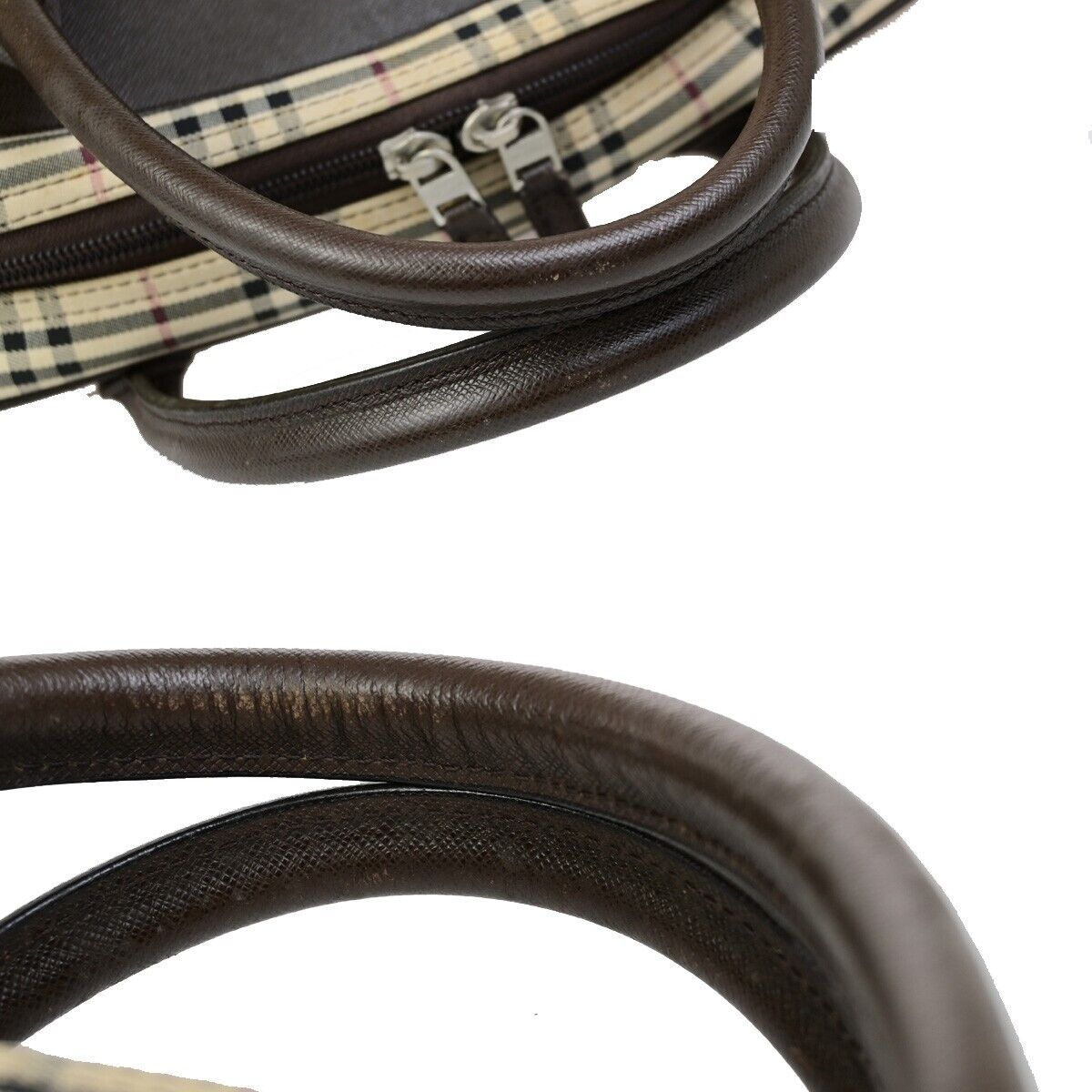 BURBERRY Logo Nova Check Hand Bag Canvas Leather Beige Brown Silver 63KA488