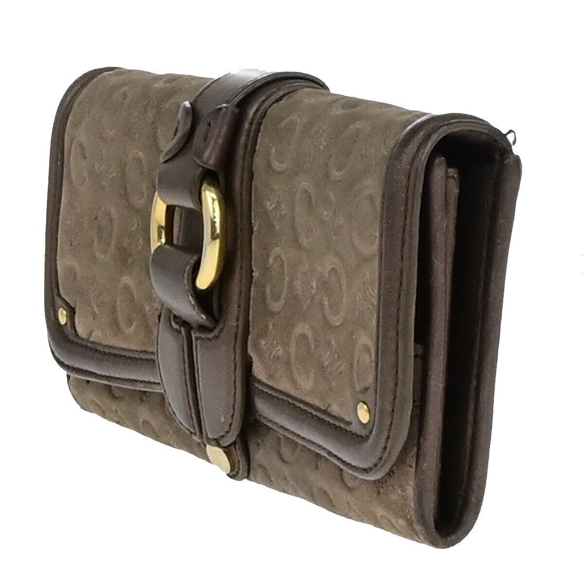 CELINE Logo Macadam Long Bifold Wallet Suede Leather Brown Gold 07KA509