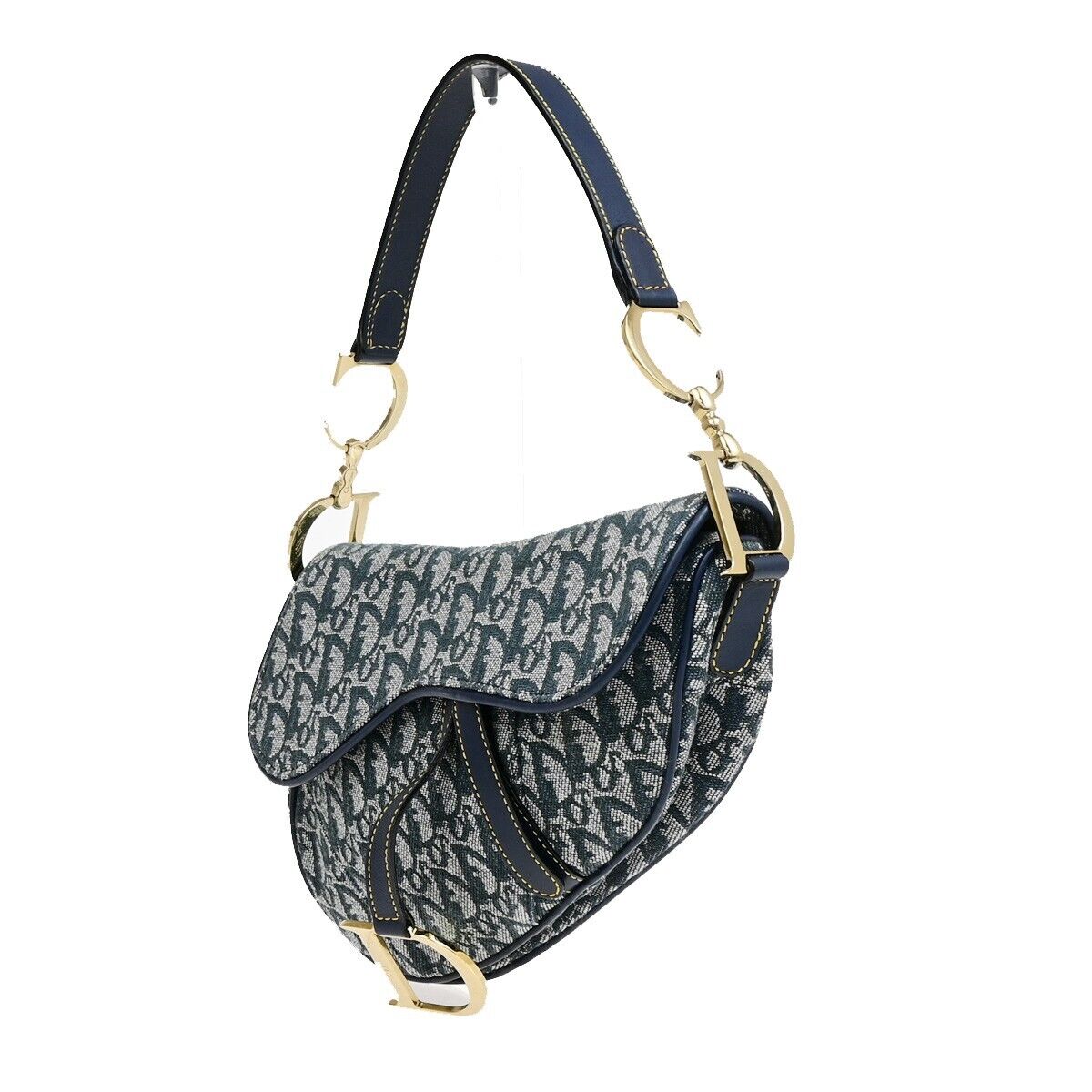 CHRISTIAN DIOR Trotter Saddle Shoulder Bag Canvas Leather Navy Blue 332RF225