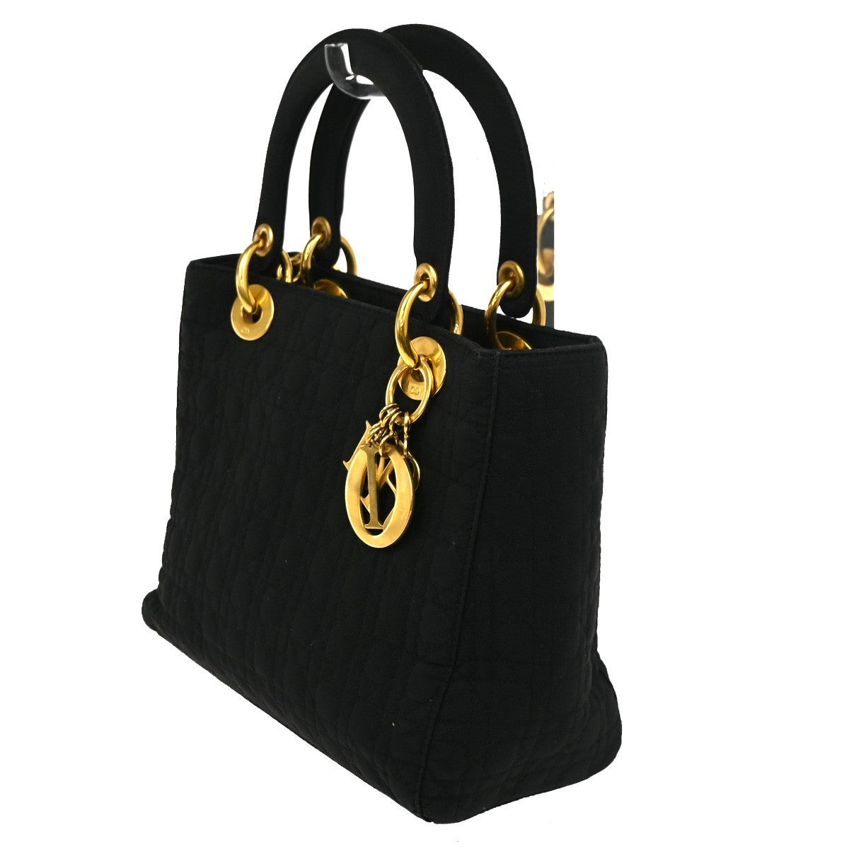 CHRISTIAN DIOR Lady Cannage Hand Tote Bag Nylon Black Gold Italy 84CA795