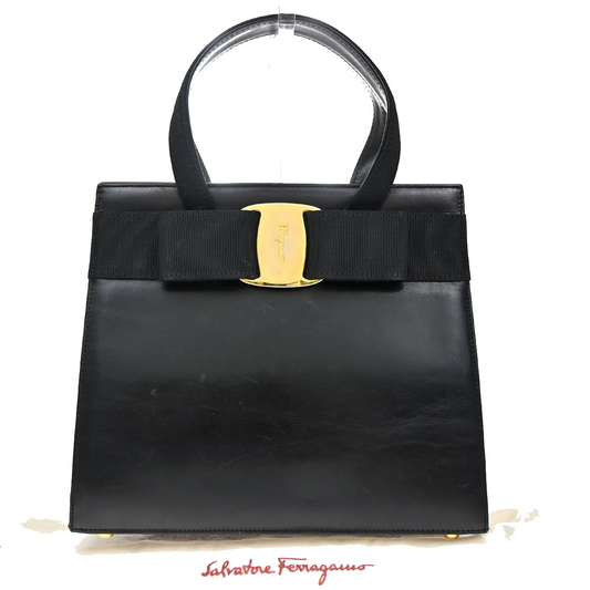 SALVATORE FERRAGAMO Logo Vara Hand Bag Leather Canvas Black GHW Italy 62KB114
