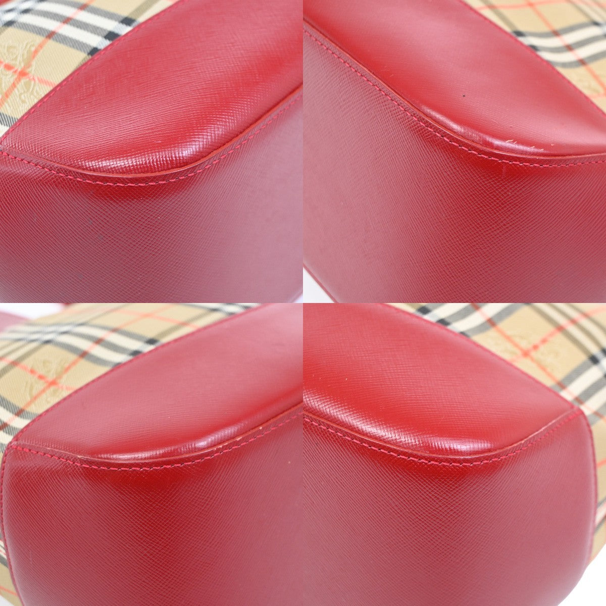 BURBERRY Logo Handbag Canvas Leather Beige Red Charm Gold 32RL572