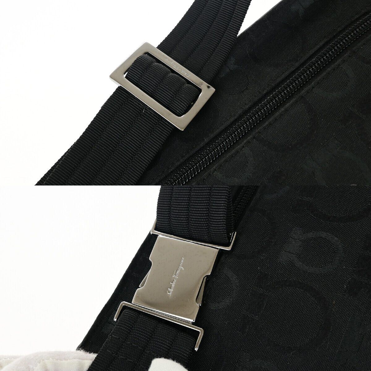 SALVATORE FERRAGAMO Logo Gancini Bum Bag Canvas Leather Black SHW Italy 05YE727