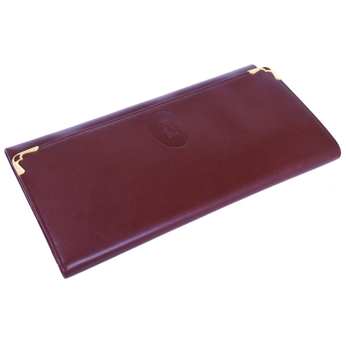 MUST DE CARTIER 2C Logo Wallet Clutch Hand Bag Leather Bordeaux Gold 09EA018