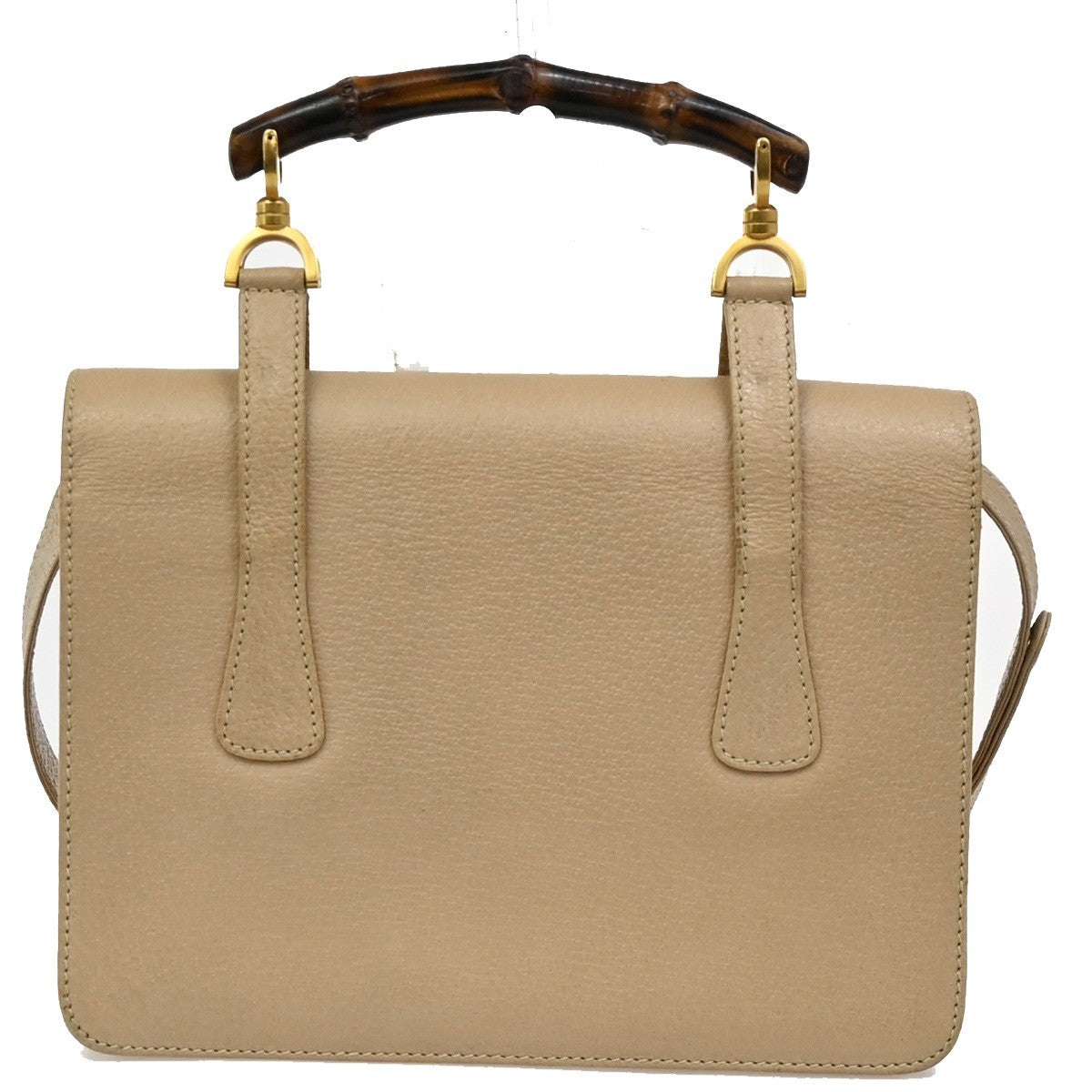 GUCCI Logo Bamboo 2Way Shoulder Hand Bag Leather Beige GHW Italy 95KB654