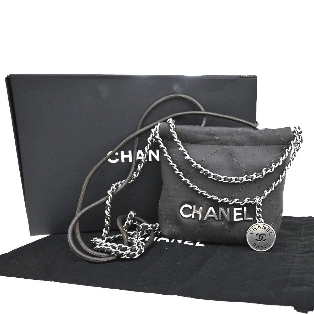 CHANEL 22 Logo Chain Mini Shoulder Bag Leather Brown SHW Italy 332RQ057