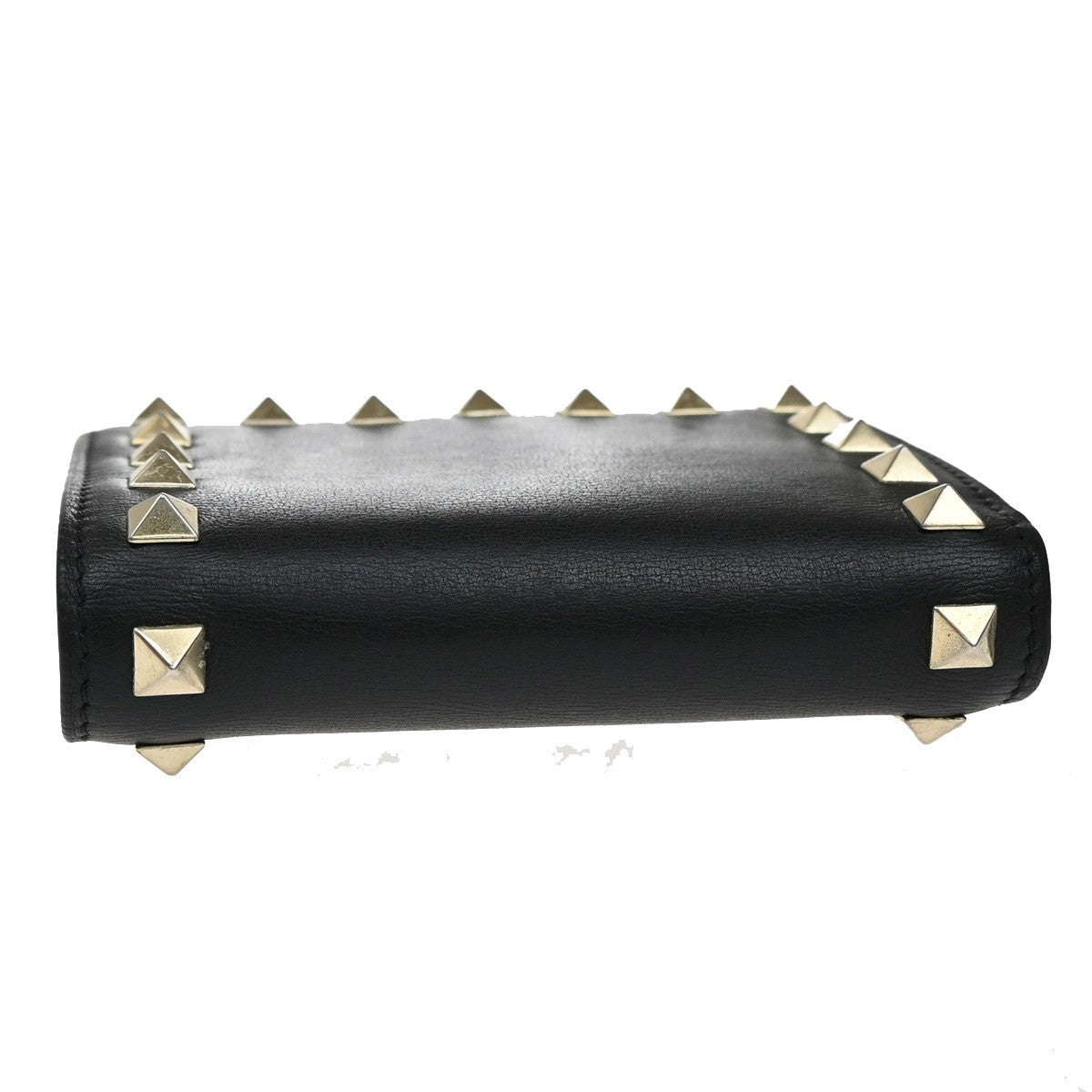 VALENTINO Logo Studs Compact Bifold Wallet Purse Leather Black GHW Italy 69KB160
