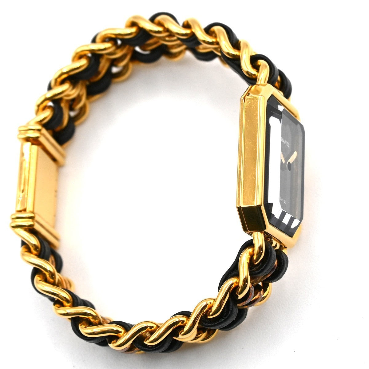 CHANEL Logo Premiere Watch M Size Quartz Gold Plated Leather Swiss Made 620LC637