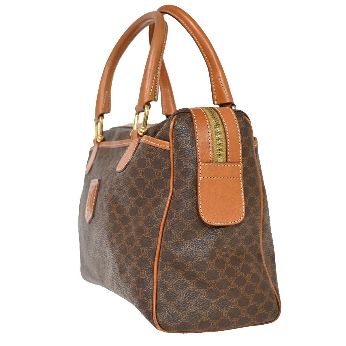 CELINE Logo Macadam Pattern  Hand Bag PVC Leather Brown Gold Italy 30FA326